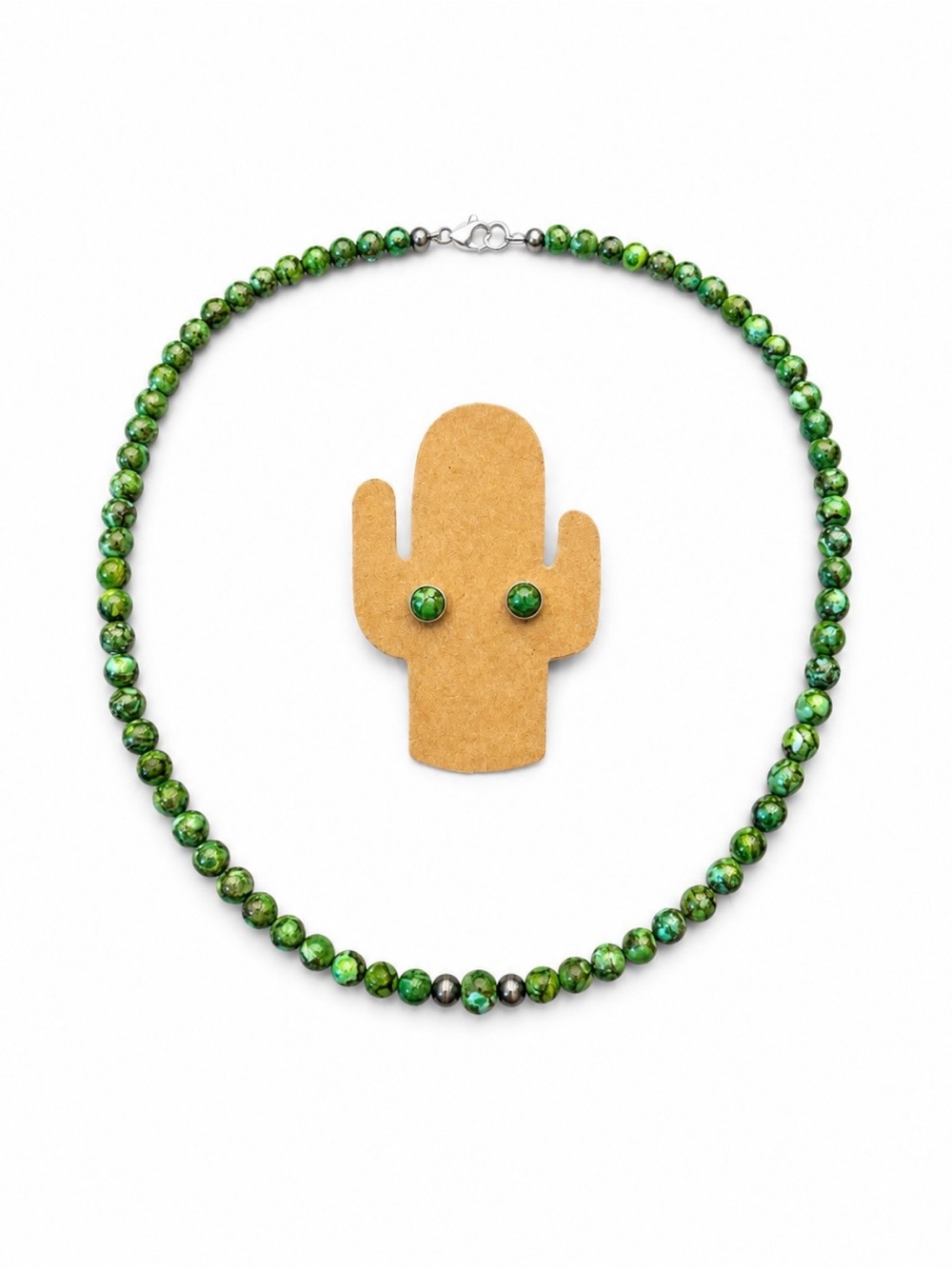 Green Beaded Necklace with Matching Stud Earrings